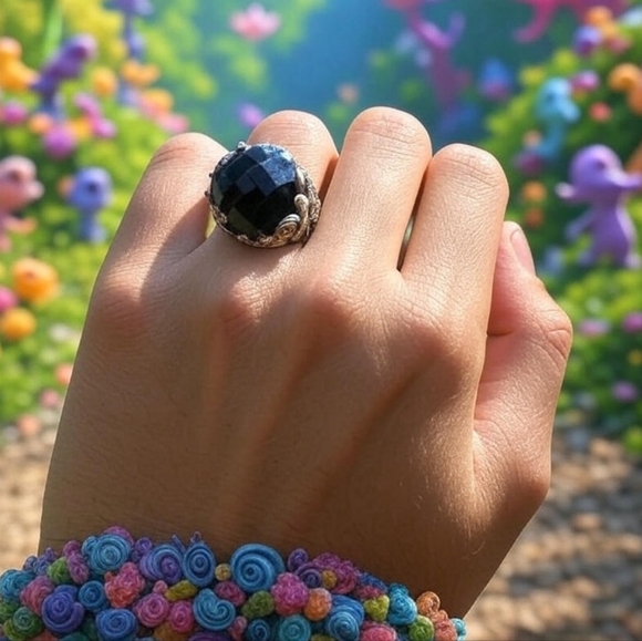 925 Sterling Silver Jewelry - Sterling silver Big Dome chunky ring with black stone size 7 Fine Jewelry